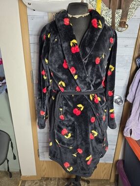 Victoria's Secret Black Plush Robe Coat with Red Cherry Print